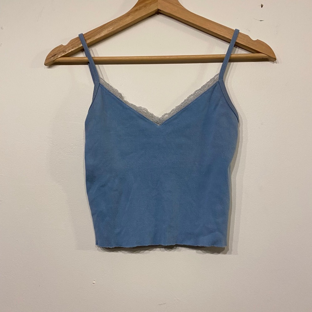 Brandy Melville Blue Lace Trim Ribbed V-Neck Cami Tank Top Y2K  Dainty One Size